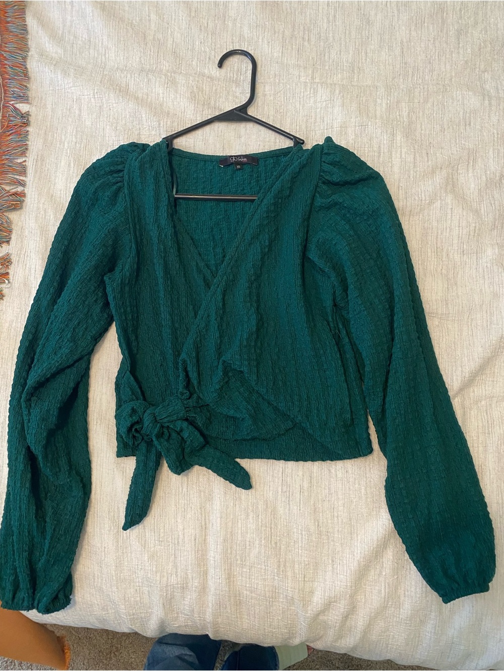 Forest Green Textured Wrap Blouse with Tie Waist